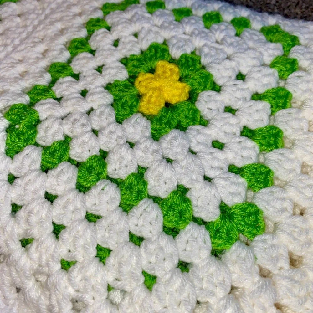 VTG Handmade Crochet Granny Square Afghan Blanket Throw 70x44 Green White Cream